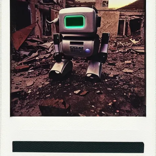 Image similar to old polaroid of a evil robot walking on a destroyed city, 8 k, uhd, golden hour, 8 0 0 mm