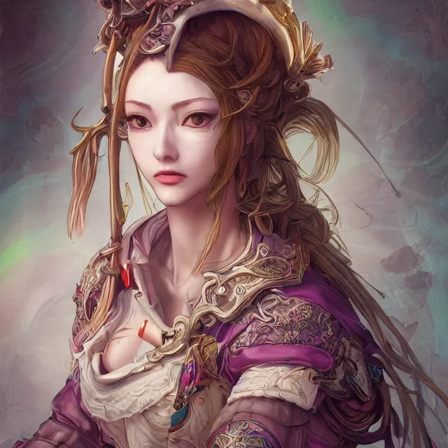 Image similar to studio portrait of neutral good colorful female cleric bard healer as absurdly beautiful, elegant, young skinny gravure idol, ultrafine hyperdetailed face illustration by kim jung gi, irakli nadar, intricate linework, sharp focus, bright colors, octopath traveler, final fantasy, unreal engine highly rendered, global illumination, radiant light, detailed and intricate environment