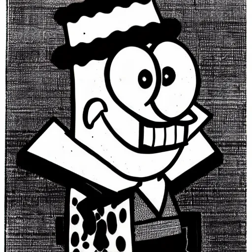 Image similar to spongebob squarepants, portrait, b&w, woodblock print, by Aubrey Beardsley