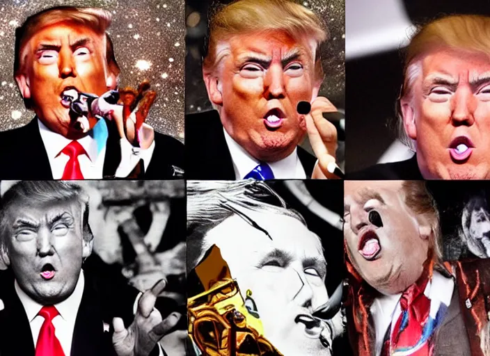 Image similar to donald trump kiss rock band, detailed facial expressions, surrealist aesthetic