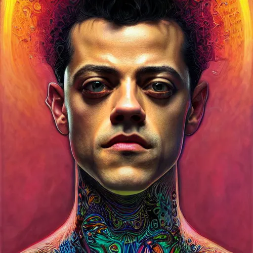 Image similar to portrait of rami malek, hyper detailed masterpiece, neon floral pattern, jean giraud, digital art painting, darkwave goth aesthetic, psychedelic, artgerm, donato giancola and tom bagshaw