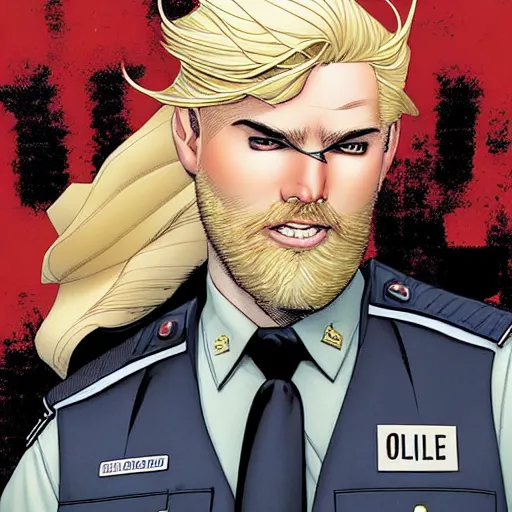 Image similar to portrait of a blonde pale police officer with short hair and a patchy beard, close up, grimy streets backdrop, detailed, art by russell dauterman and patrick gleason and stefano caselli and marco checchetto and esad ribic