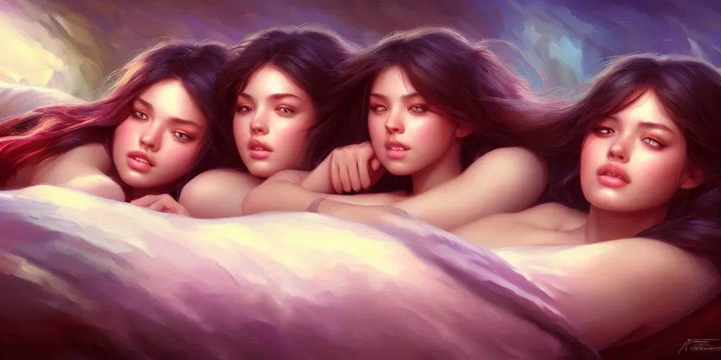 Image similar to three beautiful college girls in a bed rolling on ecstasy covered in sweat and dilated pupils, highly detailed, digital painting, artstation, concept art, matte, sharp focus, illustration, art by artgerm and ross tran and thomas kincade