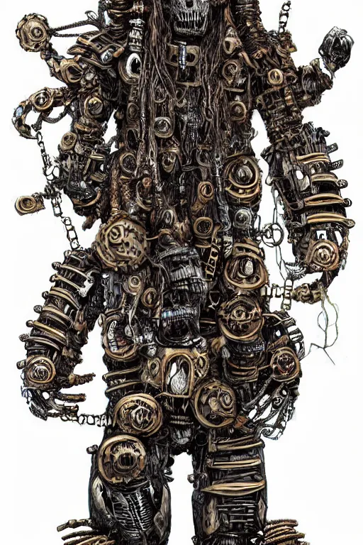 Image similar to wild monstorous anthropomorphic biomechanical bear shaman-warrior wearing chains made of tiny human skulls and other voodoo artifacts. Wearing dreadlocks made of cables and wires. Upgraded with hightech cyberwares. huge, big, giant bear human hybrid, mecha animal, tall, detailed woodcut armor, terrifying and dangerous, scary, beautiful, steampunk monster android hybrid art portrait, matte scifi fantasy painting, half robot half bear. Fullbody, Centered uncut. 50px margins on every side.. DeviantArt Artstation, by Jason Felix by Steve Argyle by Tyler Jacobson by Peter Mohrbacher, cinematic lighting