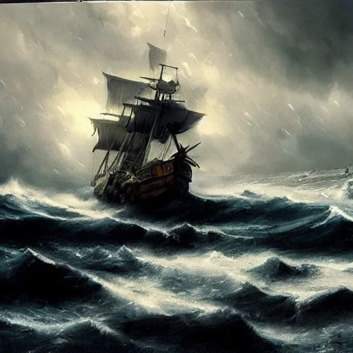 Prompt: Pirate ship with black sails in a stormy ocean with huge waves, cloudy dark sky, rays of god, by greg rutkowski, detailed, cinematic, intricate, epic