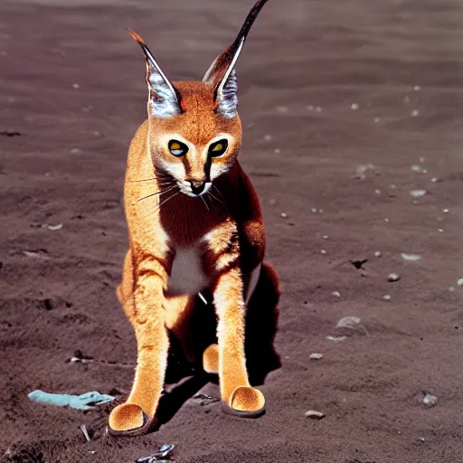 Prompt: Caracal cat on the moon, nebula environment, nasa, lens dust