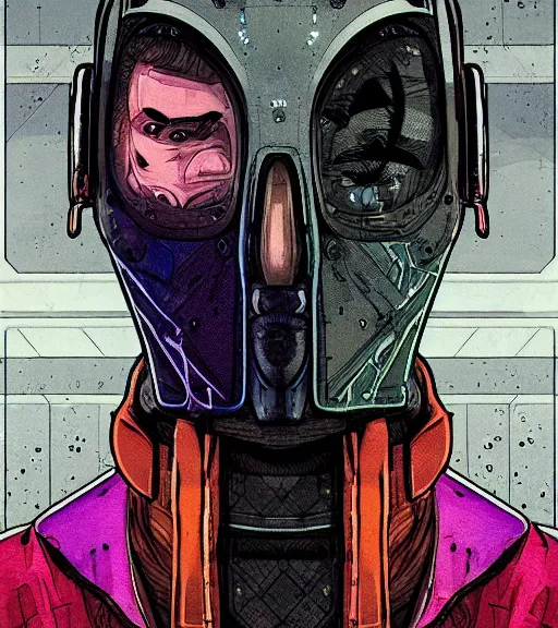 Image similar to a cyberpunk man with a patchwork face of various ethnicities, techwear, Industrial Scifi, detailed illustration, character portrait, by Martin Grip and Moebius