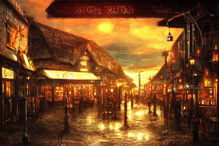 Image similar to an irish pub, digital art, sunset, beautiful lighting, by Yoshitaka Amano, happy atmosphere, trending on artstation