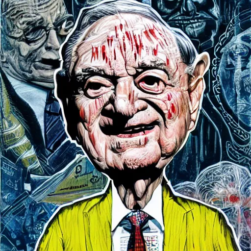 Image similar to George Soros full body shot, dollar bills Body horror, biopunk, by Ralph Steadman, Francis Bacon, Hunter S Thompson