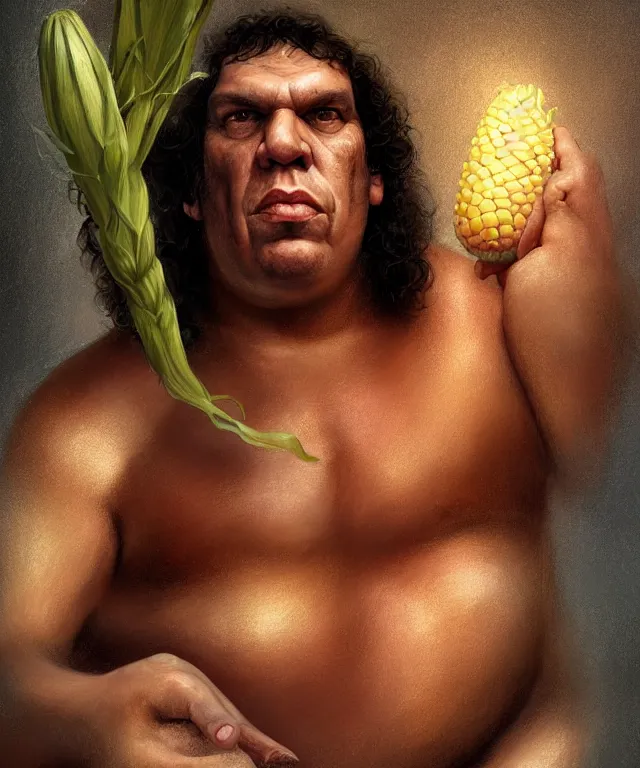 Prompt: andre the giant, cinematic, in a bathtub, holding a giant corn, elegant, highly detailed, digital painting, artstation, smooth, hard focus, illustration, art by jessica rossier and and brian froud