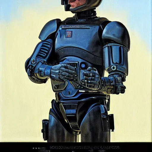 Image similar to joe biden as robocop, realistic oil painting, style of norman rockwell, 8 k, super sharp, ultra detail, rule of thirds,