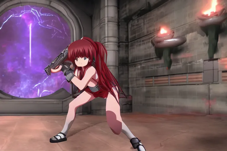 Image similar to an anime girl in a screenshot of the video game doom, the anime girl is crouching