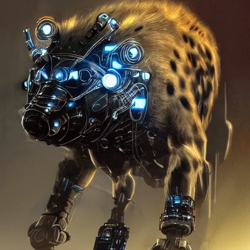 Image similar to cybernetic hyena, bladerunner style, cyborg with lots of metal and wires, realistic highly detailed concept art