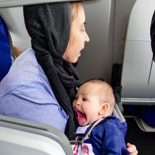 Prompt: a baby eats a passenger on a plain
