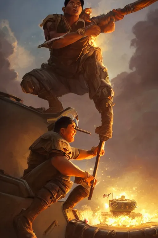 Prompt: a filipino man sitting on a tank holding a scepter and eating popcorn, highly detailed, d & d, fantasy digital painting, trending on artstation, concept art, sharp focus, illustration, global illumination, ray tracing, realistic shaded, art by artgerm and greg rutkowski and fuji choko and viktoria gavrilenko and hoang lap