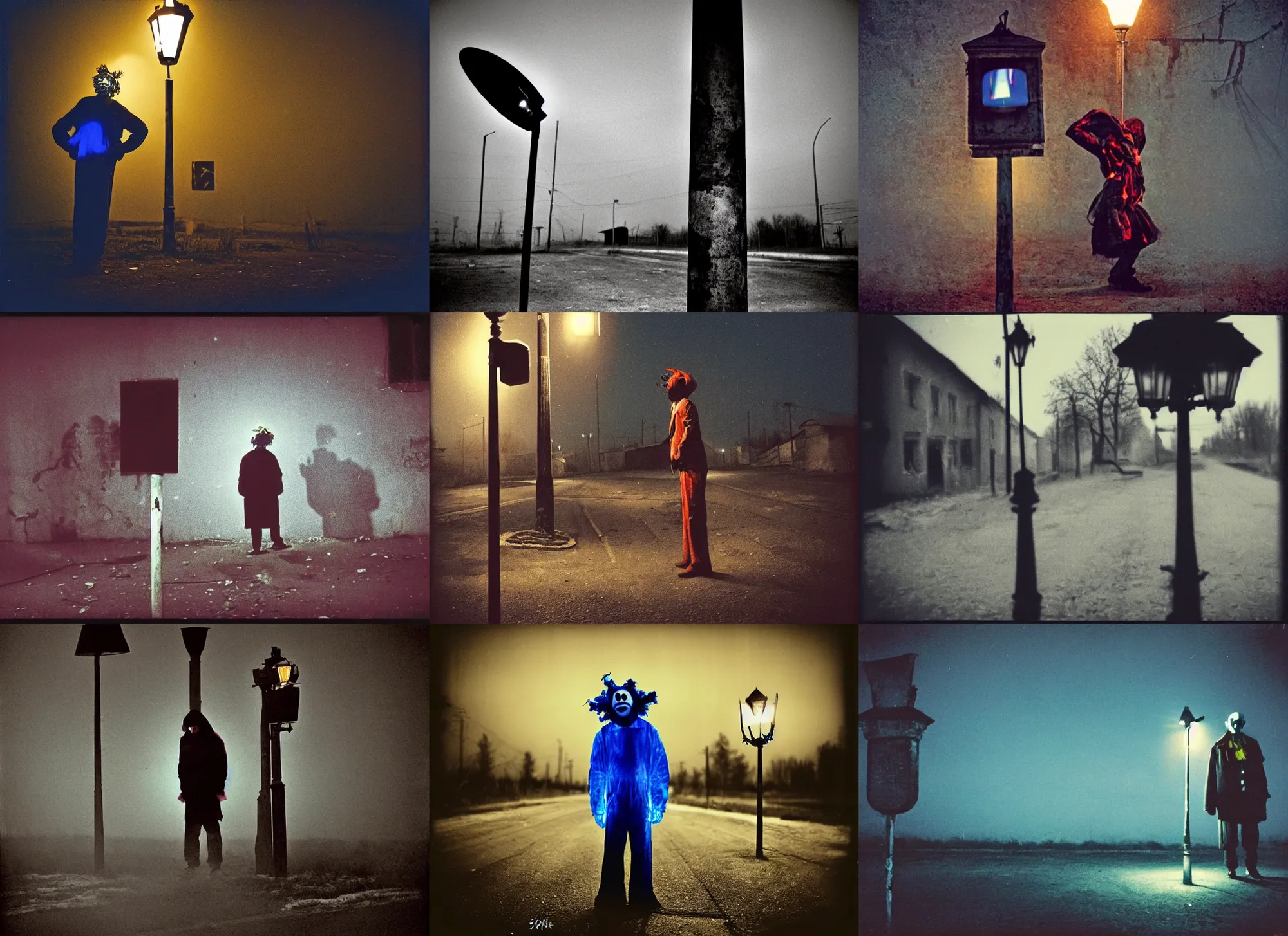 Prompt: a thin scary clown in torn clothes stands under a lamppost that shines a blue light on the clown, pitch darkness around the post, everything happens at night in an old Soviet village, the photo was taken from afar, Colourful, Cinematic, filmic, 35mm, dark atmosphere, horror, scary, Wildlife photography, Polaroid, bad quality, distorted