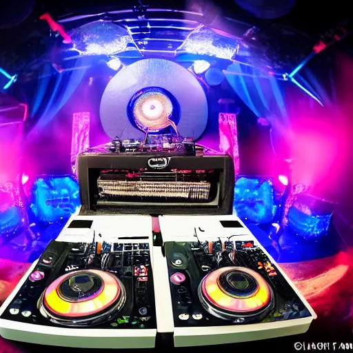 Image similar to award winning photo of an octopus dj with tentacles simultaneously placed turntables cdjs and knobs of a pioneer dj mixer. sharp, blue and fuschia colorful lighting, in front of a large crowd, studio, medium format, 8 k detail, volumetric lighting, wide angle, at an outdoor psytrance festival main stage at night