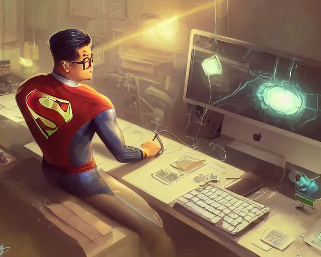 Image similar to an insanely detailed painting of a nerdy asian man wearing a superhero costume, sitting at a desk, staring at the nervously at the computer and typing, in the style of peter mohrbacher, dramatic lighting and composition, surreal background, octane render, pixar, trending on artstation, concept art, comic book, view from behind