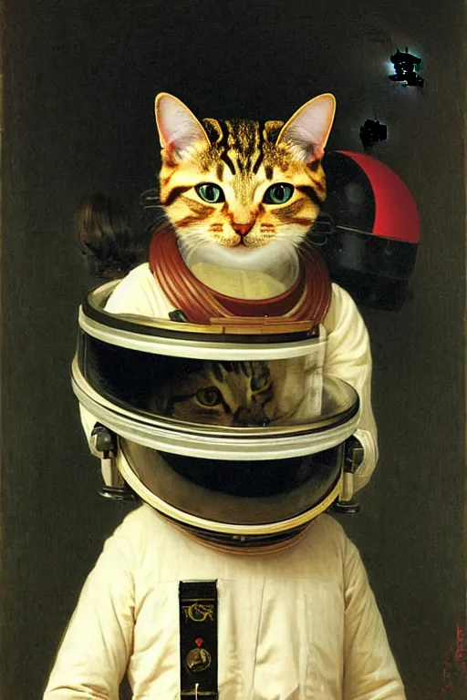 Image similar to portrait of a cat astronaut with japanese armor and helmet, by bouguereau