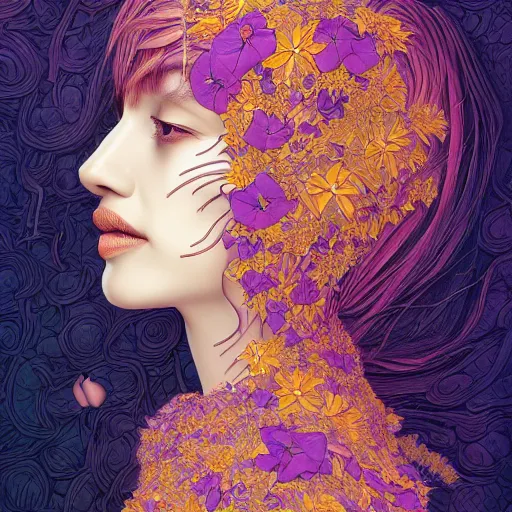 Image similar to the head of an incredibly elegant and beautiful woman partially made of potatoes and violets, an ultrafine detailed illustration by james jean, final fantasy, intricate linework, bright colors, behance contest winner, vanitas, angular, altermodern, unreal engine 5 highly rendered, global illumination, radiant light, detailed and intricate environment