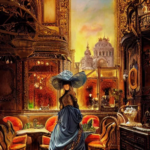 Image similar to Neo Rococo Expressionist, orientalism, diffuse lighting, fantasy, intricate, elegant, highly detailed, lifelike, photorealistic, digital painting, artstation, illustration, concept art, smooth, sharp focus, The City of Lisbon in a luxurious lavish cake shop, art by John Collier and Albert Aublet and Krenz Cushart and Artem Demura and Alphonse Mucha