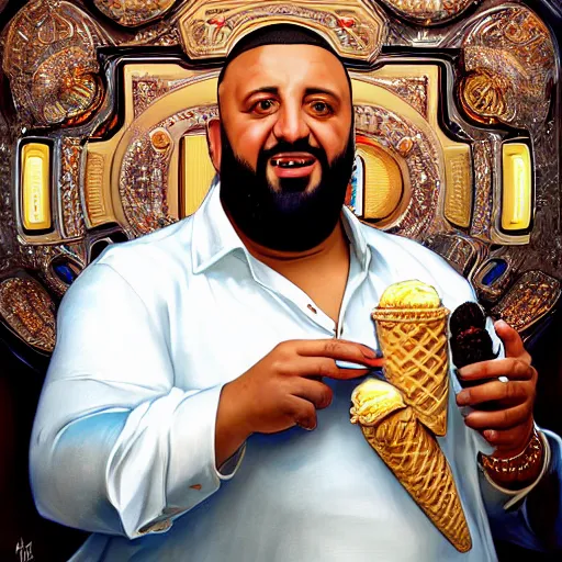 Prompt: portrait of DJ Khaled with a dumb smile holding ice cream cone with large scoop of ice cream as a Grand Theft Auto Cover, elegant, intricate, headshot, highly detailed, digital painting, artstation, concept art, sharp focus, illustration, art by artgerm and greg rutkowski and alphonse mucha