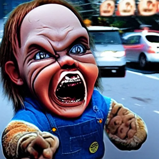 Prompt: screaming chucky stuck in traffic