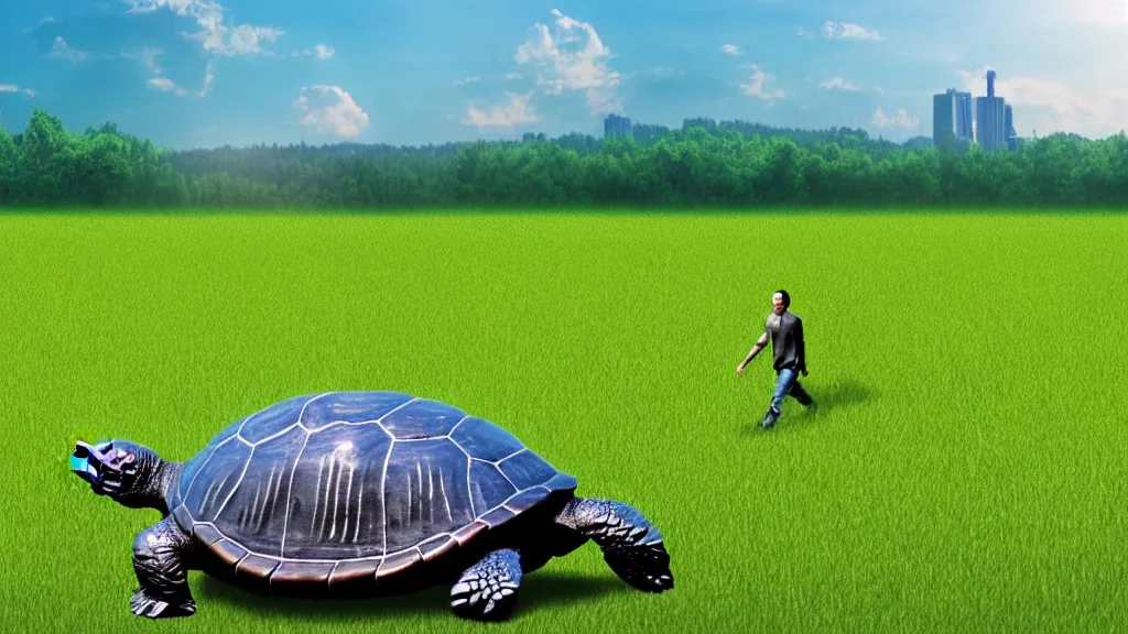 Image similar to Giant turtle with a city on it's back, walking through an open field, forest visible in the background