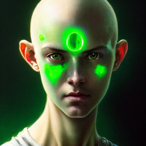 Image similar to portrait painting of a post - apocalyptic bright green haloed bald androgynous teenager with white eyes and green halo, ultra realistic, concept art, intricate details, eerie, highly detailed, photorealistic, octane render, 8 k, unreal engine. art by artgerm and greg rutkowski and charlie bowater and magali villeneuve and alphonse mucha