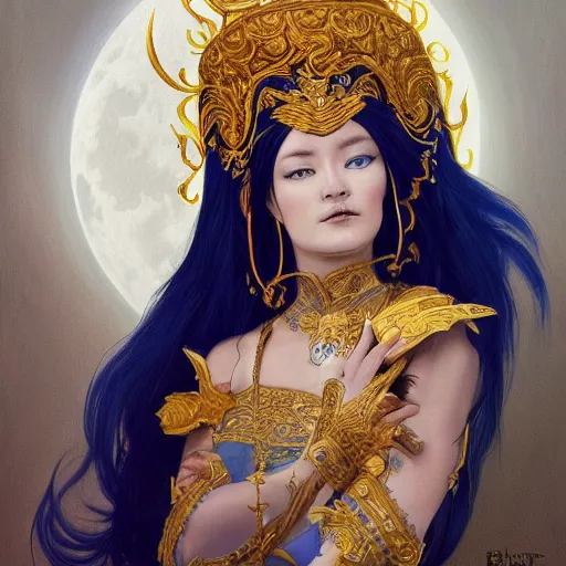 Prompt: painting of junoesque mongolian priestess of the moon, golden filigree armor and tiara, moon above head, dark blue straight hair, smooth translucent skin, wide striking eyes, beautiful! coherent! by brom, by brian froud, strong line, high contrast, muted color, 4 k, trending on artstation