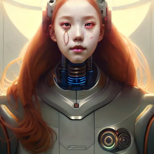 Image similar to portrait painting of a cute cyborg chuu loona kpop smiling cheerfully, ultra realistic, concept art, intricate details, eerie, highly detailed, photorealistic, octane render, 8 k, unreal engine. art by artgerm and greg rutkowski and magali villeneuve and alphonse mucha