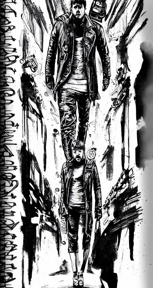 Prompt: full body upside down cypherpunk fashion illustration, eddie munson portrait, blade runner 2 0 4 9 manual, by steampoweredmikej, by tim bradstreet, inktober, ink drawing, black and white, coloring pages, manga, highly detailed