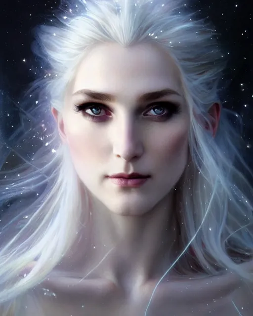 Prompt: realistic portrait of a beautiful white witch, bright witch, dark night, beautiful, heroic pose, beautiful face, magic, dark magic, dramatic lighting, intricate, wild, highly detailed, digital painting, artstation, concept art, smooth, sharp focus, illustration, art by artgerm and greg rutkowski and alphonse mucha, footage from space camera