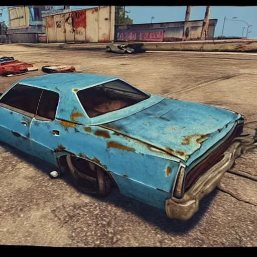 Prompt: A screenshot of a rusty, worn out, broken down, decrepit, run down, dingy, faded, chipped paint, tattered, beater 1976 Denim Blue Dodge Aspen in GTA V--steps 150