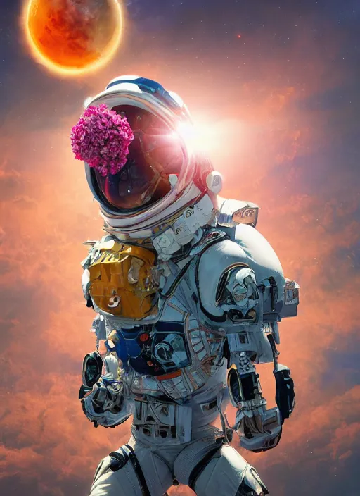 Image similar to An epic fantastic realism comic book style painting of the most beautiful flowers launched into space, bouquets, solar eclipse, fisheye, unreal 5, DAZ, hyperrealistic, octane render, dynamic lighting