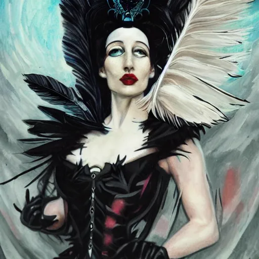 Image similar to Anna pavlova as beautiful dark angel gothic atompunk evil Disney villain queen with black feather hair, feathers growing out of skin, in front of space station window, highly detailed, dreamy, oil painting, Mike mignola, trending on artstation, comic book cover, illustration