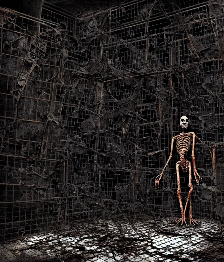 Image similar to Creepy huge suffering humanoid with long limbs sits on the floor. An underground very dark gloomy multi-layered structure of rusty thick iron grates, dense chain-link fencing and peeling walls. Inside view, collapsed floors, bent rusted iron, masterpiece, black background, corners, cinematic, hyperdetailed, photorealistic, hyperrealism, octane render, 8k, depth of field, bokeh, architecture, shadows, art by Zdzisław Beksiński, Dariusz Zawadzki