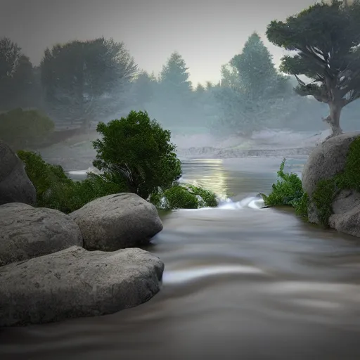 Prompt: a beautiful landscape, river, rocks, trees, volumetric lighting, octane render