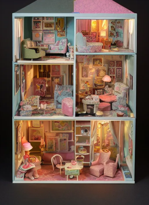 Prompt: highly detailed wide - angle portrait of a retro 1 9 6 0 s doll house, nicoletta ceccoli, mark ryden, lostfish, earl nore, hyung tae, frank frazetta, global illumination, god rays, detailed and intricate environment