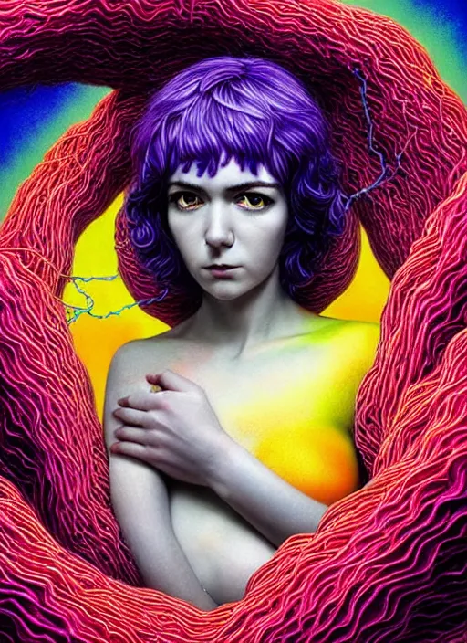 Prompt: hyper detailed 3d render like a Oil painting - Ramona Flowers with wavy black hair wearing thick mascara seen Eating of the Strangling network of colorful yellowcake and aerochrome and milky Fruit and Her staring intensely delicate Hands hold of gossamer polyp blossoms bring iridescent fungal flowers whose spores black the foolish stars by Jacek Yerka, kawaii ,Mariusz Lewandowski, cute silly face, Houdini algorithmic generative render, Abstract brush strokes, Masterpiece, Edward Hopper and James Gilleard, Zdzislaw Beksinski, Mark Ryden, Wolfgang Lettl, Dan Hiller, hints of Yayoi Kasuma, octane render, 8k