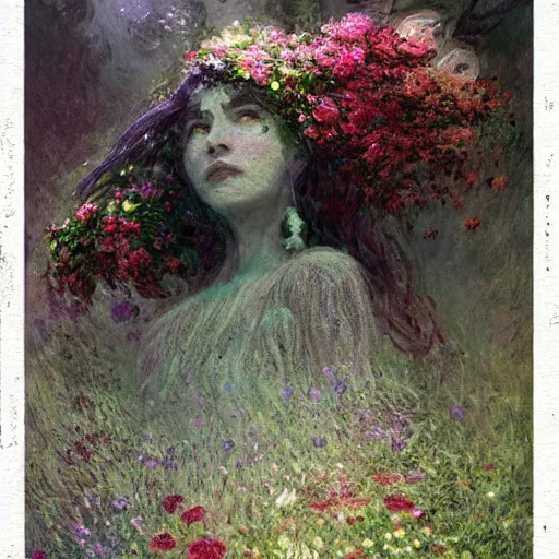 Prompt: a beautiful terrifying monster made of flowers. ethereal horror fantasy art by monet and greg rutkowski