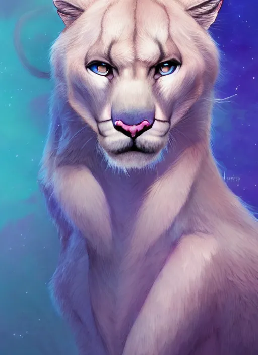 Prompt: award winning beautiful portrait commission of a male furry anthro albino mountain lion with a beautiful hyperdetailed attractive outfit and face wearing a blue and pink rockstar outfit on a stage. Character design by charlie bowater, ross tran, and makoto shinkai, detailed, inked, western comic book art