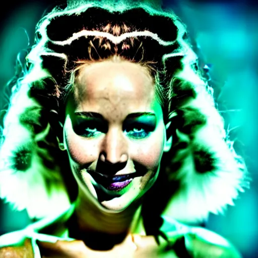 Image similar to smiling jennifer lawrence as the bride of frankenstein, macro photography, glowing retinas, fuscia cyan yellow white powder on face, national geographic