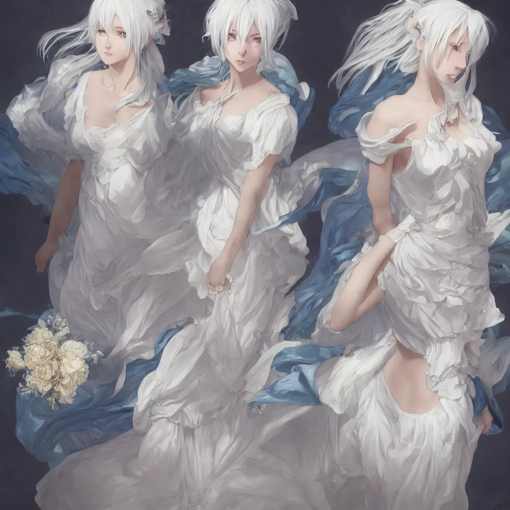 Prompt: white haired anime girl in a vaporous wrapped large victorian cream roses silk semi-transparent blue and cream dress fashion is running D&D, fantasy, intricate, elegant, highly detailed, digital painting, artstation, concept art, matte, sharp focus, illustration, art by Artgerm and Greg Rutkowski and Alphonse Mucha, UHD