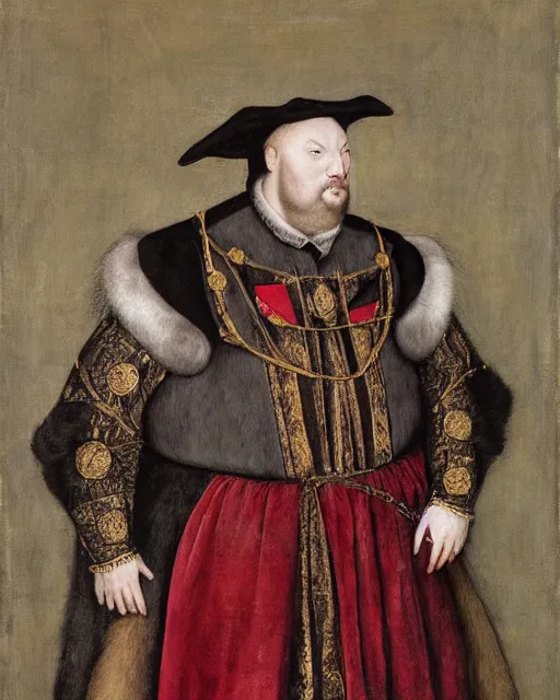 Image similar to fat gray cat with yellow eyes dressed like henry viii, tudor period clothing in scarlet gold and black, hans holbein the younger, greg rutkowski, royal portrait, painting