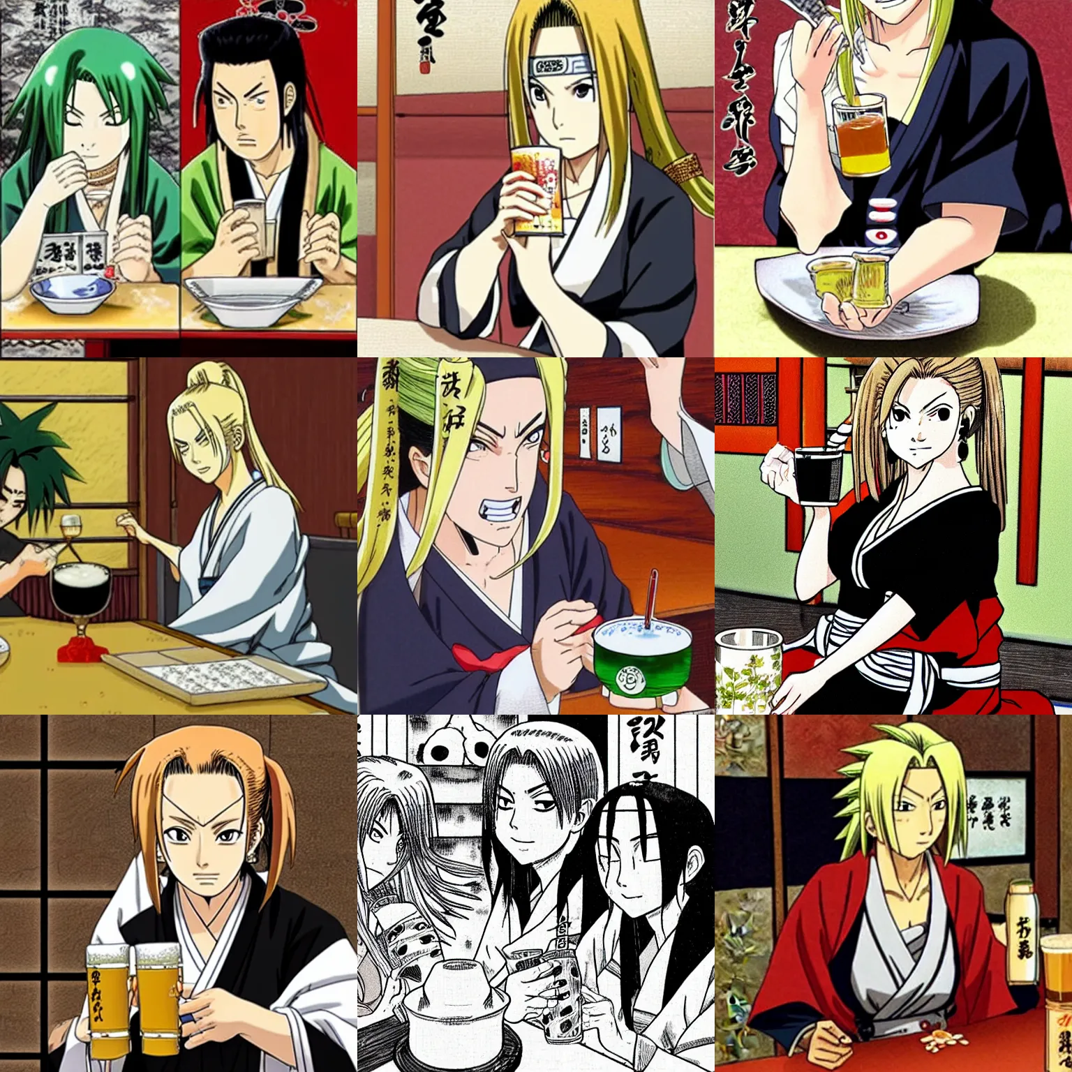 Prompt: Tsunade drinking sake in a japanese pub by Eiichiro Oda in the style of Manga