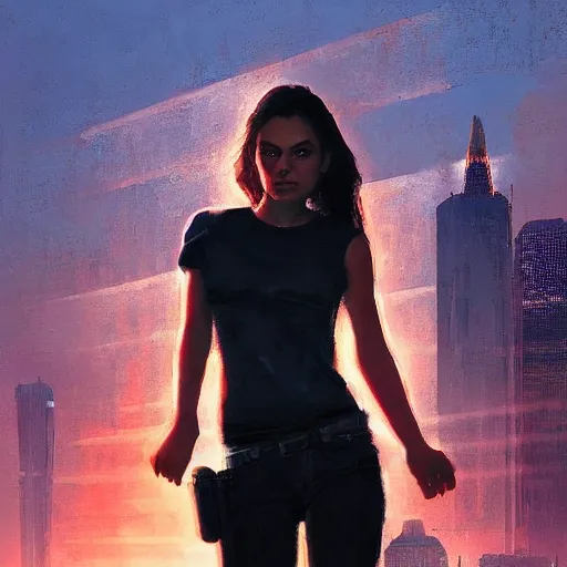 Image similar to portrait of a young mila kunis in front of a cyberpunk city, dramatic light, city background, sunset, high contrast, sharp, painted by stanley lau, painted by greg rutkowski, painted by stanley artgerm, digital art, trending on artstation