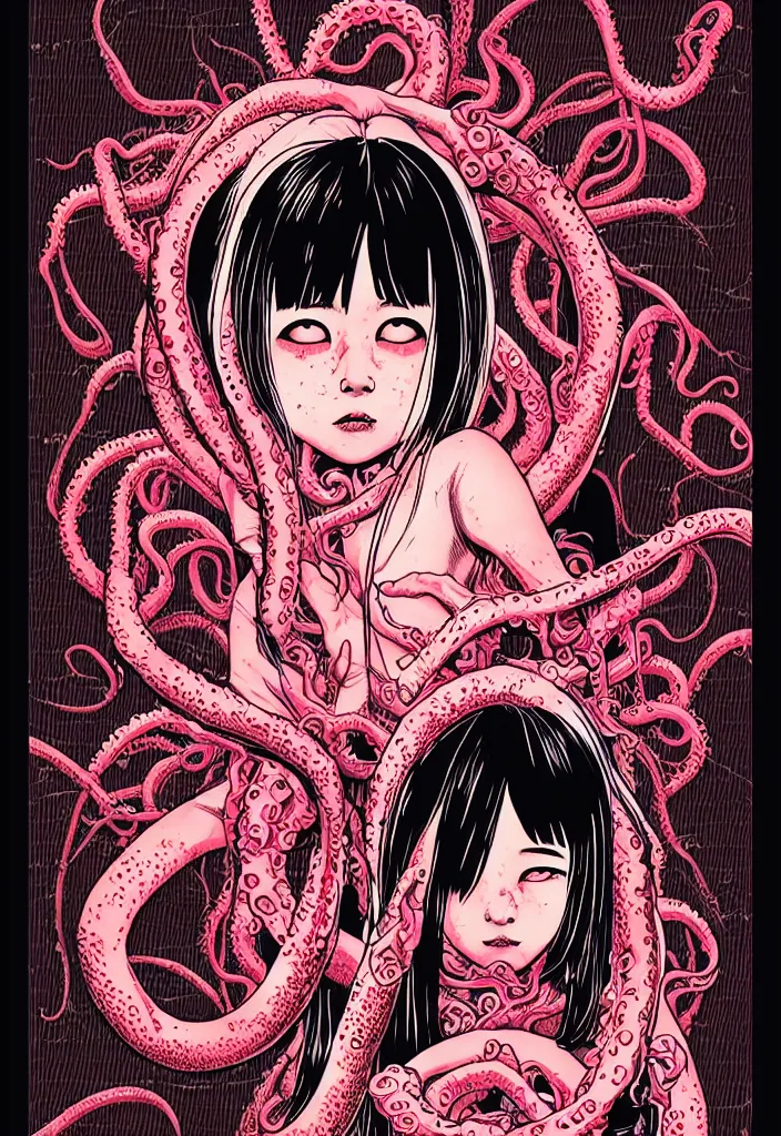 Image similar to a comic book style japanese horror poster of girl with large eyes by dan mumford, yusuke murata and junji ito, blood lines, yokai, shinigami, eyes, shurikens, kanji, tentacles, synthwave, 8k, unreal engine, trending on artstation, pixiv, intricate details, volumetric lighting