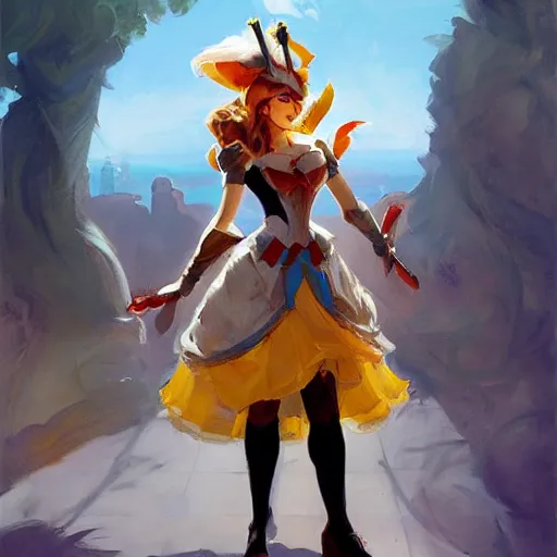 Image similar to greg manchess portrait painting of partially armored alice from alice in wonderland as overwatch character, medium shot, asymmetrical, profile picture, organic painting, sunny day, matte painting, bold shapes, hard edges, street art, trending on artstation, by huang guangjian, gil elvgren, ruan jia, randy vargas, greg rutkowski