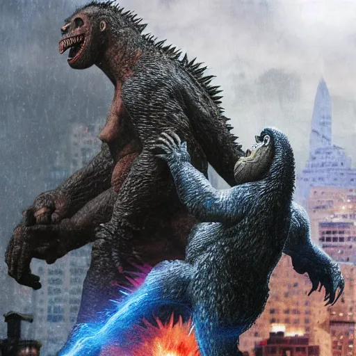 Image similar to godzilla fighting king kong in new york, detailed